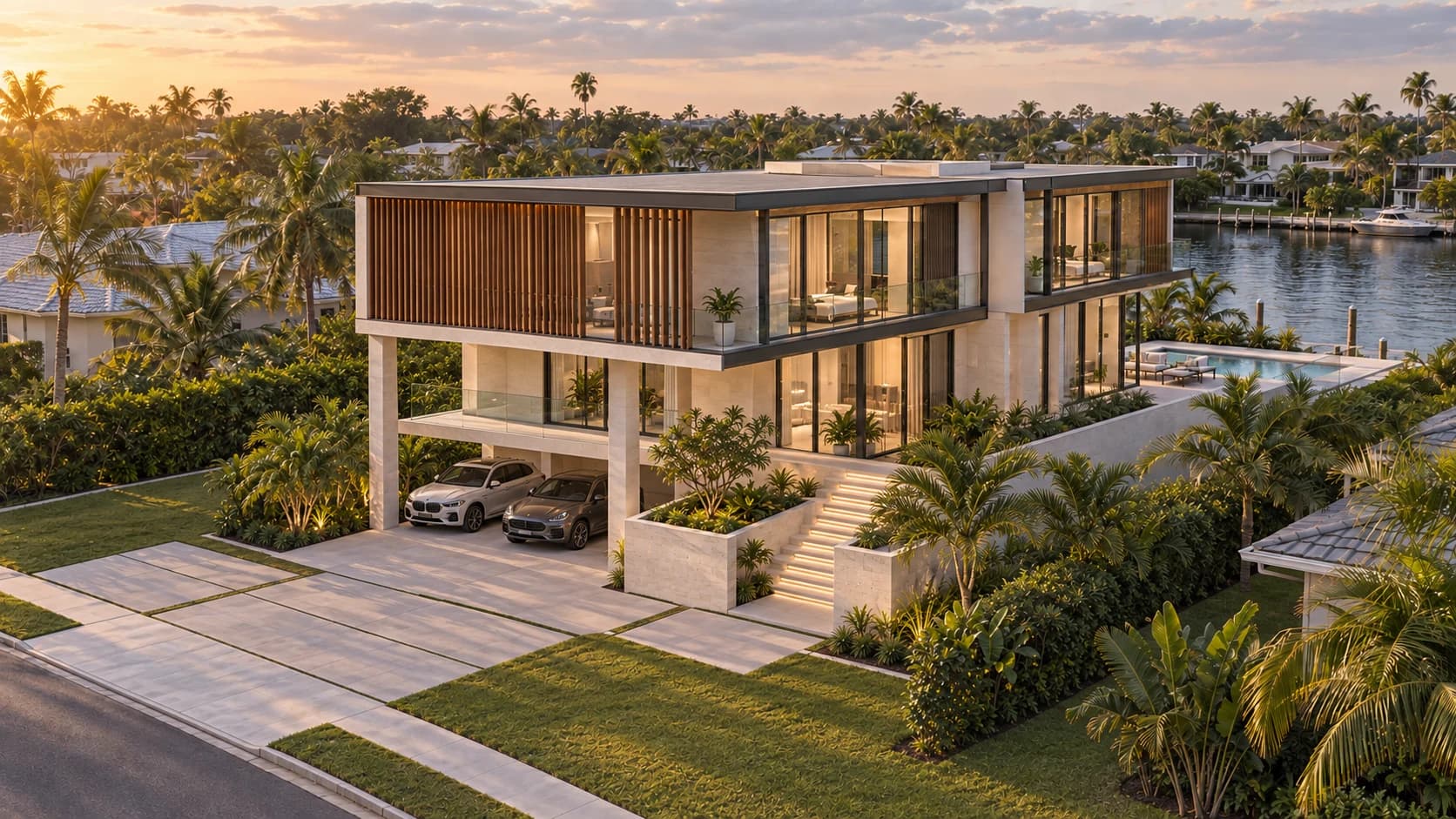 Render arquitectónico de la residencia Ixora junto al agua al atardecer
